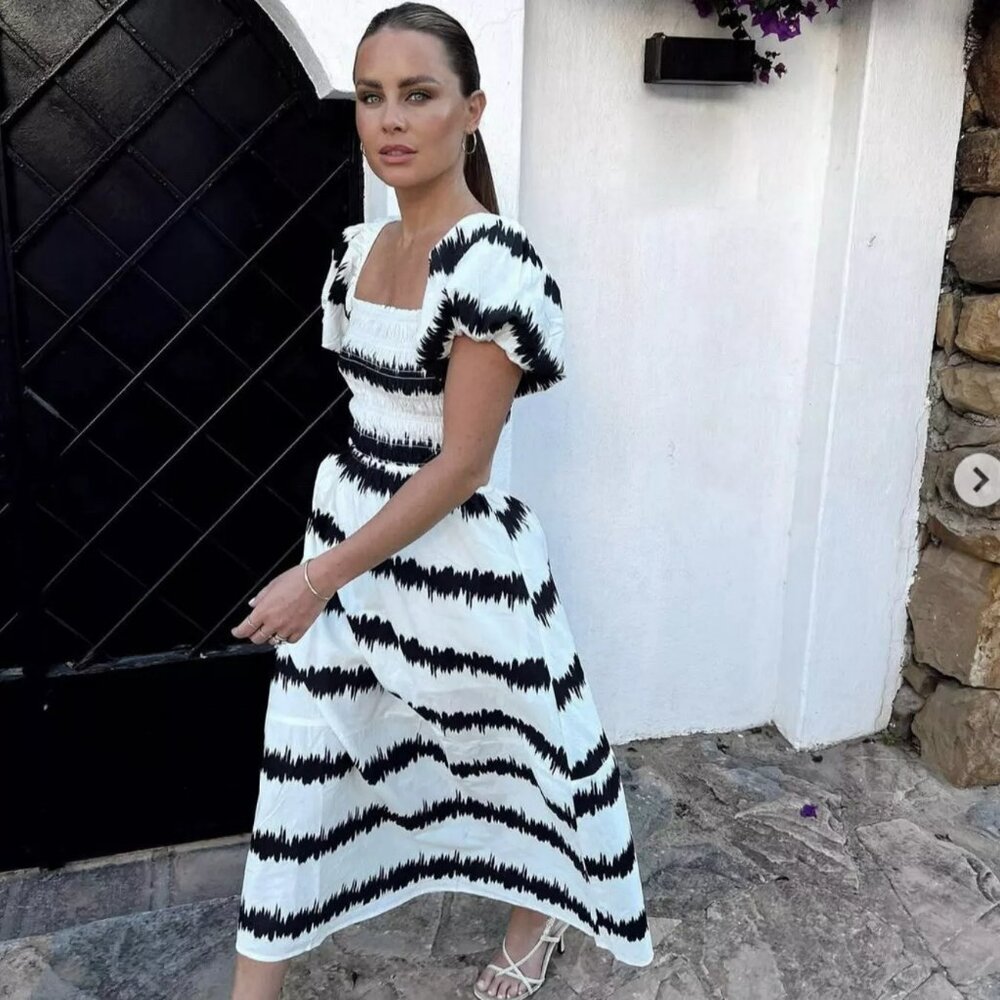 River Island Dress Sz 8 (UK 12) Smocking Stretchy Cut Out Back Puff Sleeves